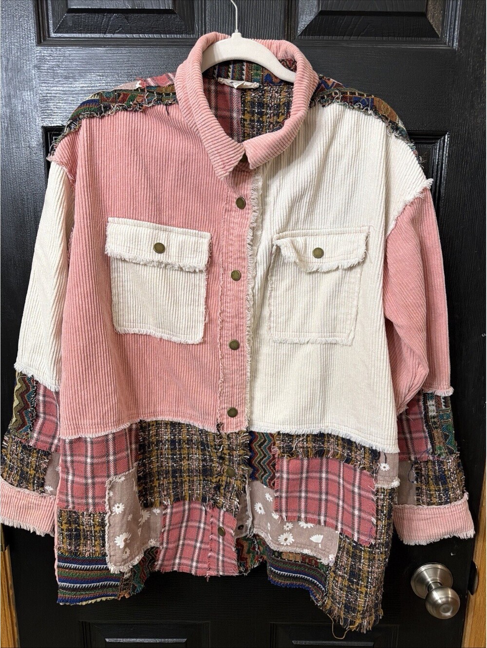 Blue Velvet Patchwork Jacket Sz S Ovrszd Artsy Cottagecore Snap Front Pink NWOT